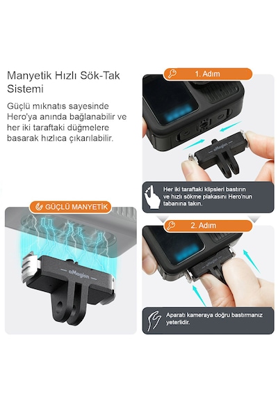 Gopro Hero 13 Uyumlu Amagisn Manyetik Hızlı Bağlantı Aparatı Magnetic Quick Release Mount Base Adaptör Siyah