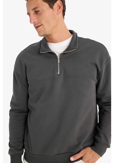 DeFacto Relax Fit Dik Yaka Fermuarlı Basic Düz Kalın Sweatshirt E5334AX24WNAR211