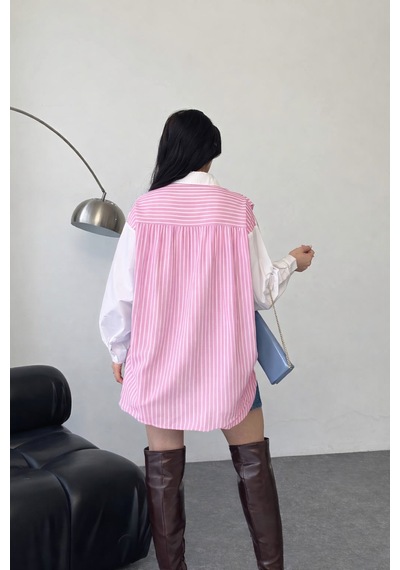 Ribana Kadın Atkı Detay Uzun Kollu Terry Cotton Çizgili Gömlek 3201 Pembe