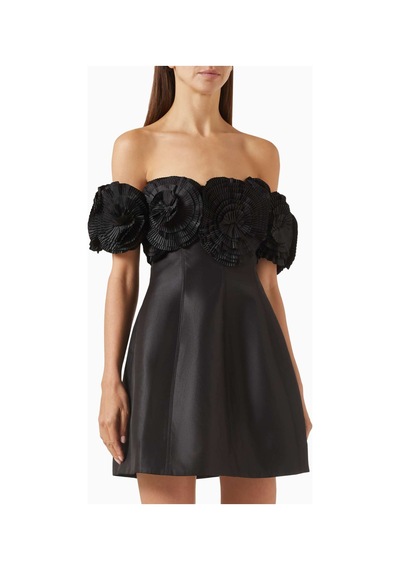 Acler Off - Shoulder Mini Elbise - Aksesuarlı, %65 Polyester %35 Pamuk, Saten Kumaş Siyah