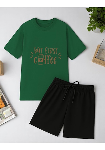 Uyguntarz But First Coffee Baskı Şort Takım Yeşil