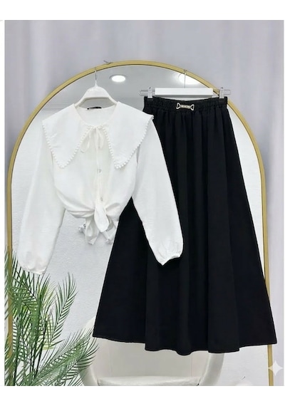 Lovie Moda Kadın Kot Etekli Takım - Siyah Gri