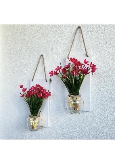 Led Işıklı, Fuşya Nergis Çiçekli Duvar Dekoru Beyaz İkili Set Beyaz
