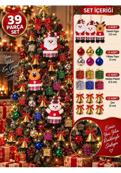 39 Parça Yılbaşı Ağacı Süs Seti Noel Baba Kardan Adam Geyik Top Çan Hediye Paketi Dekorasyon Diğer