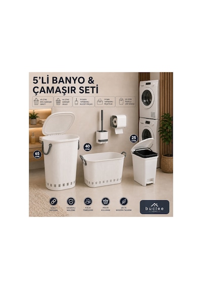 5 Li Banyo Çamaşır Seti 65 L Sepet + 40 L Sele + 25 L Çöp Kovası Beyaz - 914118815 Beyaz