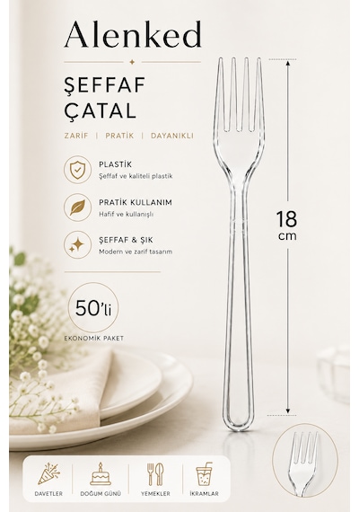 Şeffaf Plastik Çatal 18 Cm 50 Li Paket
