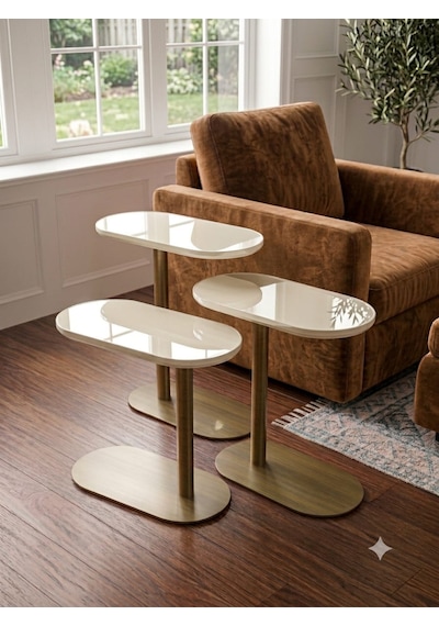 Vista Krem Renk Üst Tabla , Cappicino Renk Metal Ayaklı 3'lü Zigon Sehpa Seti Salon /koltuk Altı Sehpa Yan Sehpa - C Sehba Modern Sehba