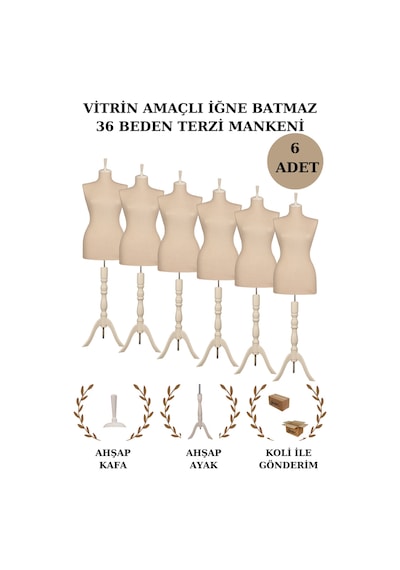 6 Adet Vitrin Amaçlı 36 Beden Terzi Vitrin Mankeni İğne Batmaz -