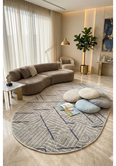 Modern Oval Halı Bambu Dokulu Kaymaz Taban Yumuşak Salon Yatak Odası Halısı Çok Renkli