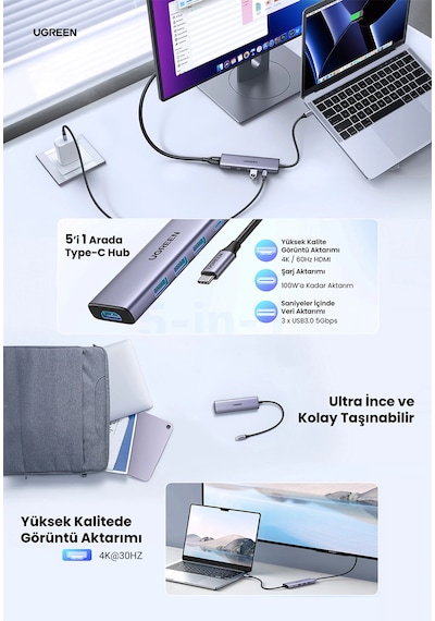 Ugreen 15596 5 Port 5 İn1 USB-C 100 W PD 4K Hub Çoklayıcı Gri