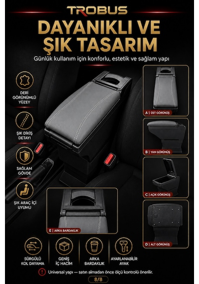 Trobus Renault Megane 2 2002-2009 Uyumlu Ayarlanabilir Ayaklı Kolçak Kol Dayama Bardaklıklı Gri