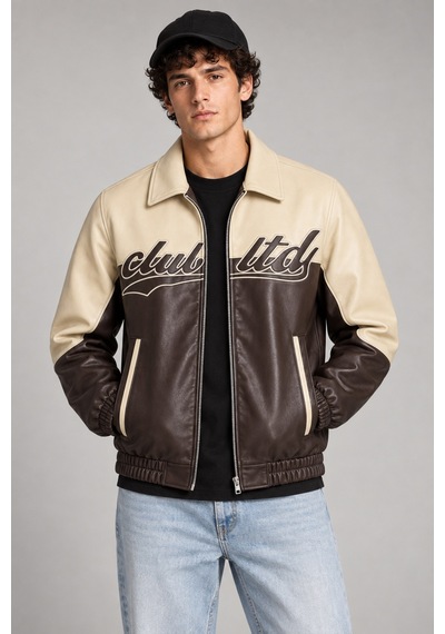 Maison Rae Erkek Kahverengi, İçi Kürklü, Çift Renkli, Yazı Detaylı,oversize Suni Deri Bomber Ceket