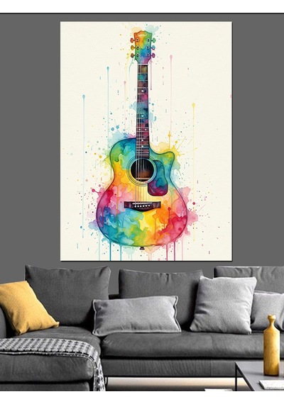 Sulu Boya Gitar Soyut Çizim Dekoratif Kanvas - Mdf Ahşap Tablo