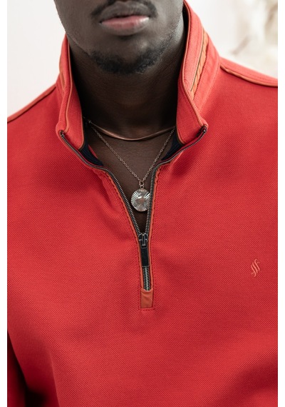 San&Fa Regular Fit Biyeli Fermuarlı Dik Yaka Armürlü Pamuklu Sweatshirt Nar Çiceği