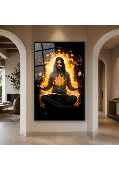 Altın Işıkta Meditasyon Yapan Kadın Siyah Çerçeveli Cam Tablo