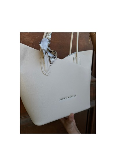 Just Polo Kadın Geniş Hacimli Şal Detaylı Büyük Boy Yavrulu Lüks El & Omuz Çantası Ebat: 32 X 24 Cm Krem