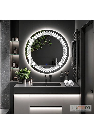 Elyssara Beyaz Led'li Lazer Kumlamalı Lavabo & Banyo Aynası Dokunmatik Sensörlü