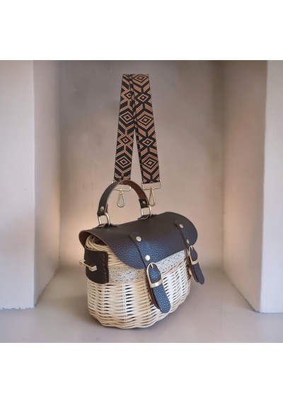 Handanrattan Dantel Detaylı Özel Tasarım Rattan Omuz Çantası - Kahverengi Deri Kapaklı Vintage Model Kahve