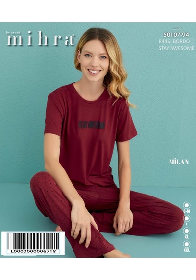 Mihra Kadın Bisiklet Yaka Milan Likralı Kısa Kol Pijama Takımı 50107/94- 1 Adet Bordo Mihra Kadın Bisiklet Yaka Milan Likralı Kısa Kol Pijama Takımı 50107/94- 1 Adet Bordo