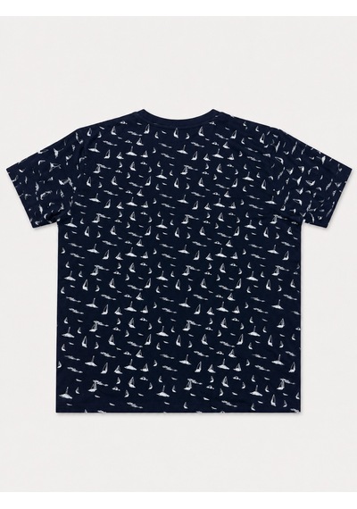 Büyük Beden Sıfır Yaka Marina Baskılı Pike Kumaş Erkek Battal Tshirt Lacivert