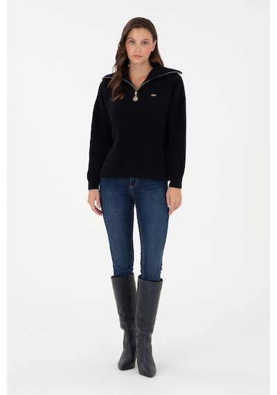 U.S. Polo Assn. Kadın Lacivert V Yaka Fermuarlı Kazak 50297086-VR033