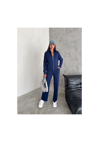 Gugus Kadın Fermuarlı Kolej Yaka Aysho Model Bol Paça Wide Leg Eşofman Takımı Lacivert