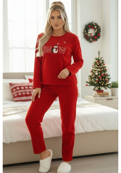 Siyah İnci Polar Kışlık Örme Pijama Takım 25222102 Kırmızı