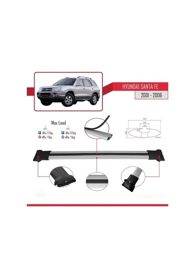 Hyundai Santa Fe Sm 2001-2006 Arası İle Uyumlu Fly Model Ara Atkı Tavan Barı Gri 3 Adet Bar