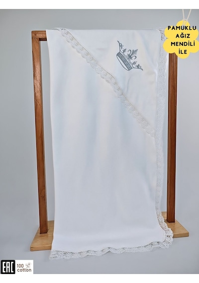 Ekru %100 Pamuklu Erkek Bebek Battaniyesi Nakışlı Dantelli Puset Örtüsü Hediyelik Yenidoğan 85x85cm Ekru