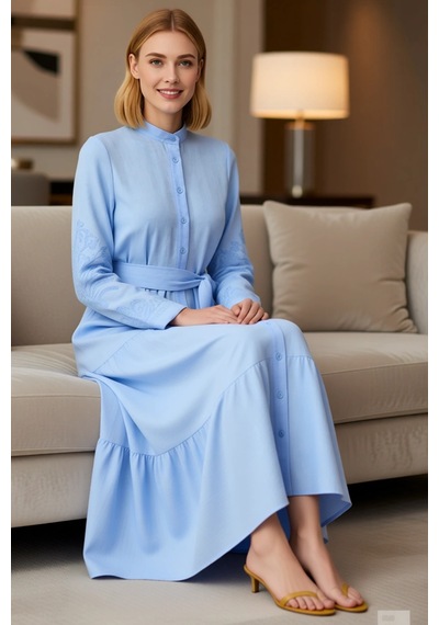 Benerly Kadın Tesettür Maxi Elbise Hakim Yaka Uzun Kol Nakışlı Dokuma Kuş Açık Mavi