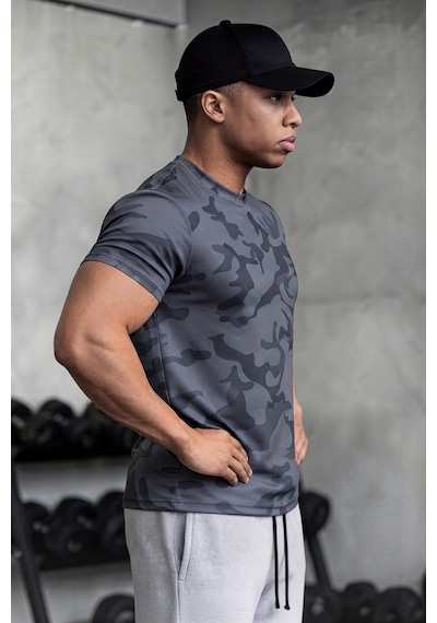 Serablanka Erkek Nem Emici Hızlı Kuruma Atletik Teknik Kamuflaj Desenli Spor T-shirt Füme
