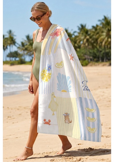 Akdeniz Tropikal Çizgili Plaj Havlusu - Marine Pastel Sarı Mavi Hızlı Kuruyan Mikrofiber Havlu Örtü Çok Renkli