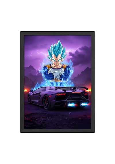 Vegeta Lamborghini Aventador Siyah Ahşap Çerçeveli Poster, Dekoratif Anime Araba Duvar Tablosu