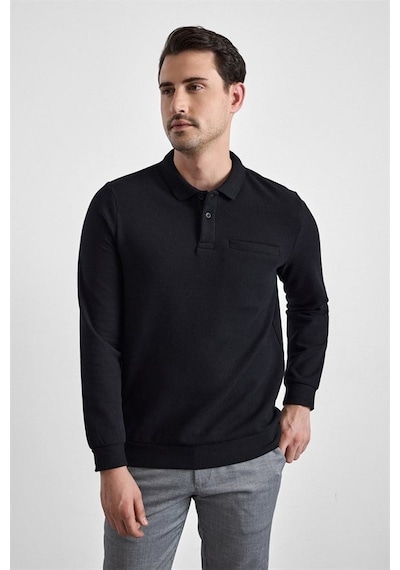 Süvari Siyah Regular Düz Fermuarlı Polo Yaka Sweatshirt Sw2013700028-s09