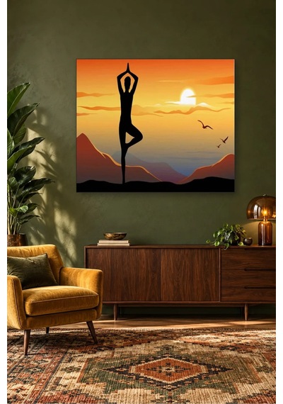 Fida Turuncu Gün Batımında Yoga Silueti Canvas Tablo Çok Renkli