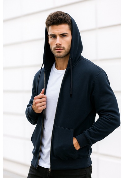 Rich Erkek Lacivert Kapüşonlu Kanguru Cepli Fermuarlı Sweatshirt Lacivert