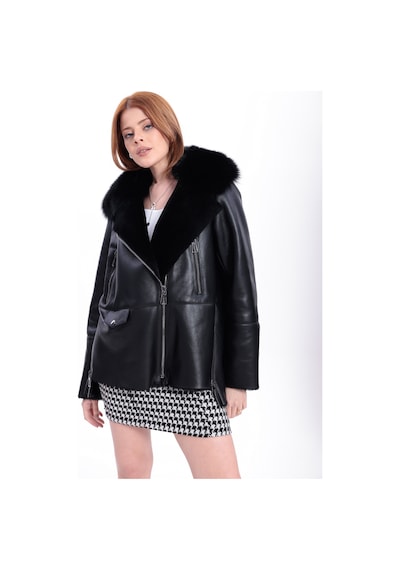 M M Marki Marki Hakiki Deri Kadın Mont Siyah İçi Kürklü Fermuarlı Regular Fit 67 Cm Kürklü Yaka - 119722