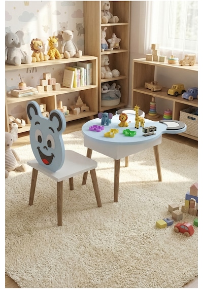Çocuk Masası & Çocuk Sandalyesi Happy Face Sevimli Figürlü Set Mavi