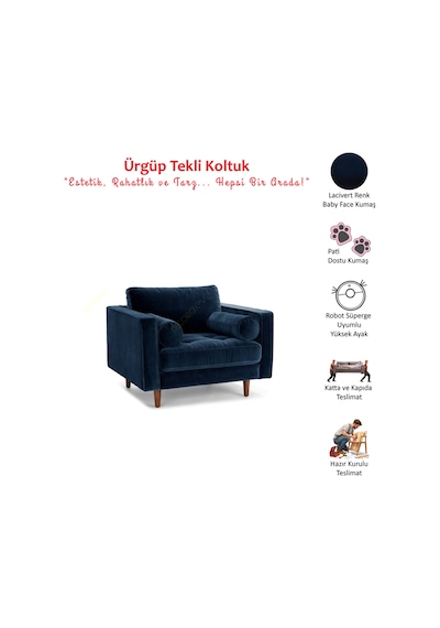 Ürgüp Tekli Koltuk Berjer 90 Cm Genişlik 90 Cm Derinlik Lacivert