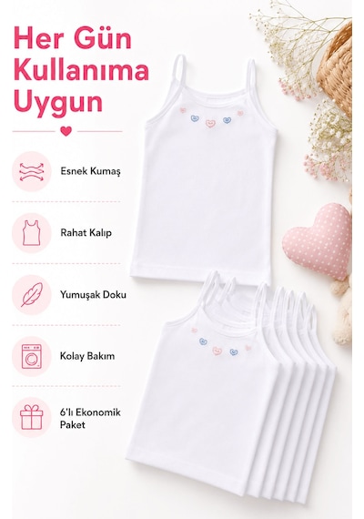 Hepsine Rakip 6 Lı Kız Çocuk İp Askılı Atlet İşlemeli Ribana 0165 Beyaz