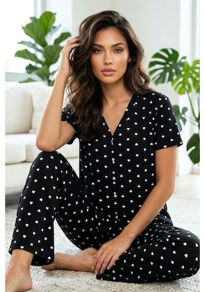 Siyah İnci Pamuklu Düğmeli Örme Pijama Takımı Siyayh Beyaz Kalp