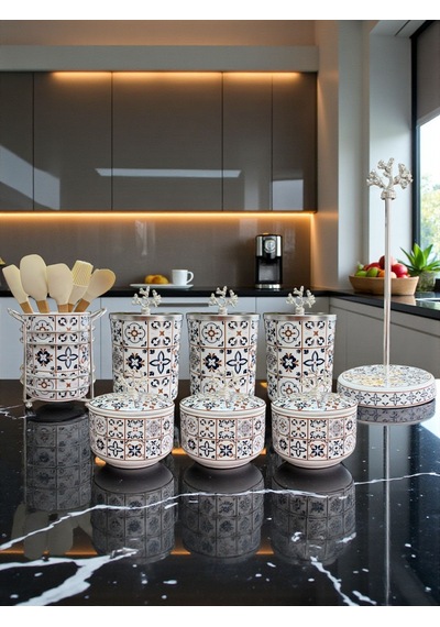 Çeyiz Seti - 103 Ceramic Desen Mutfak Seti Gümüş Siyah