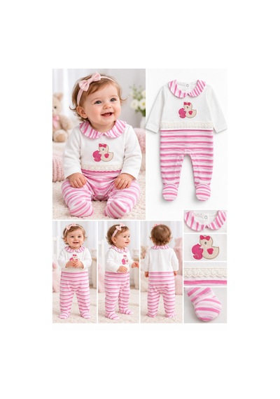 Messlife Pembe Çizgili Ördek Nakışlı Kız Bebek Tulum Beyaz - 929892028 Beyaz