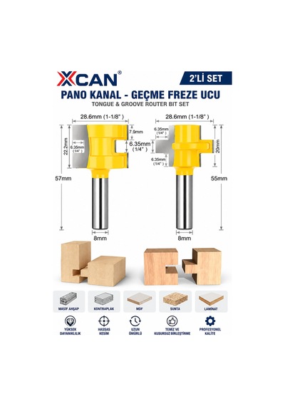 2'li Pano Kanal Geçme Freze Ucu Seti 28,6 Mm 8 Mm Şaft