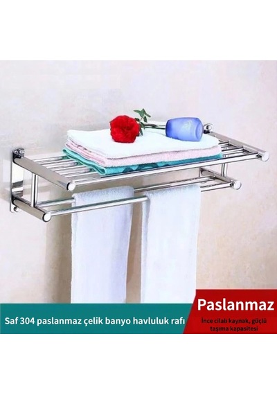 Raflı Havluluk Çift Katlı Model 60 Cm Ss304 Paslanmaz Çelik Renk Parlak Krom