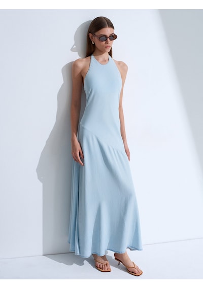 Dilvin 90586 %100 Lyocell Halter Yaka Elbise-mavi