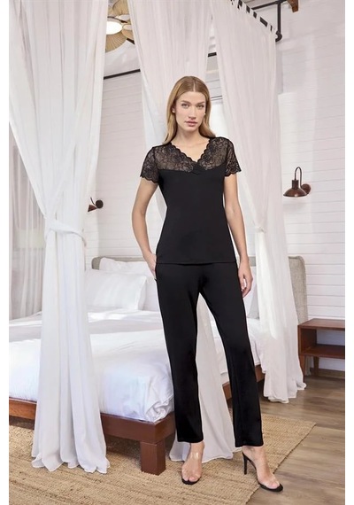 Ang Butik Kadın Kısa Kollu Ve Dantelli V Yaka Pijama Takımı Siyah