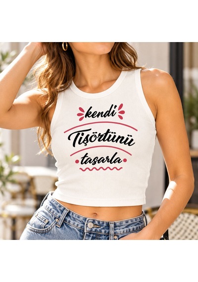 Bk Gift Kişiye Özel Kendin Tasarla Sıfır Kol Fitilli Crop Bluz - Esnek Likralı Günlük Crop Beyaz