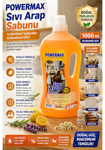 Powermax Sıvı Arap Sabunu 1000 Ml X3 Set Çok Amaçlı Doğal Sabun Bazlı Temizleyici 3'lü Set