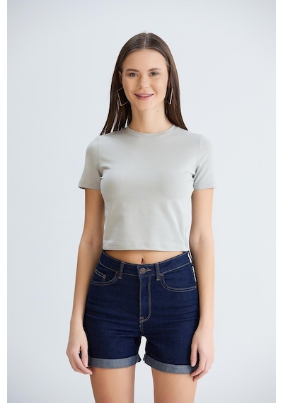 Bisiklet Yaka Basic Tshirt Gri-gri Gri